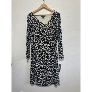 NWT Lauren Ralph Lauren Women's Black White Abstract Print V Neck Dress Size 14